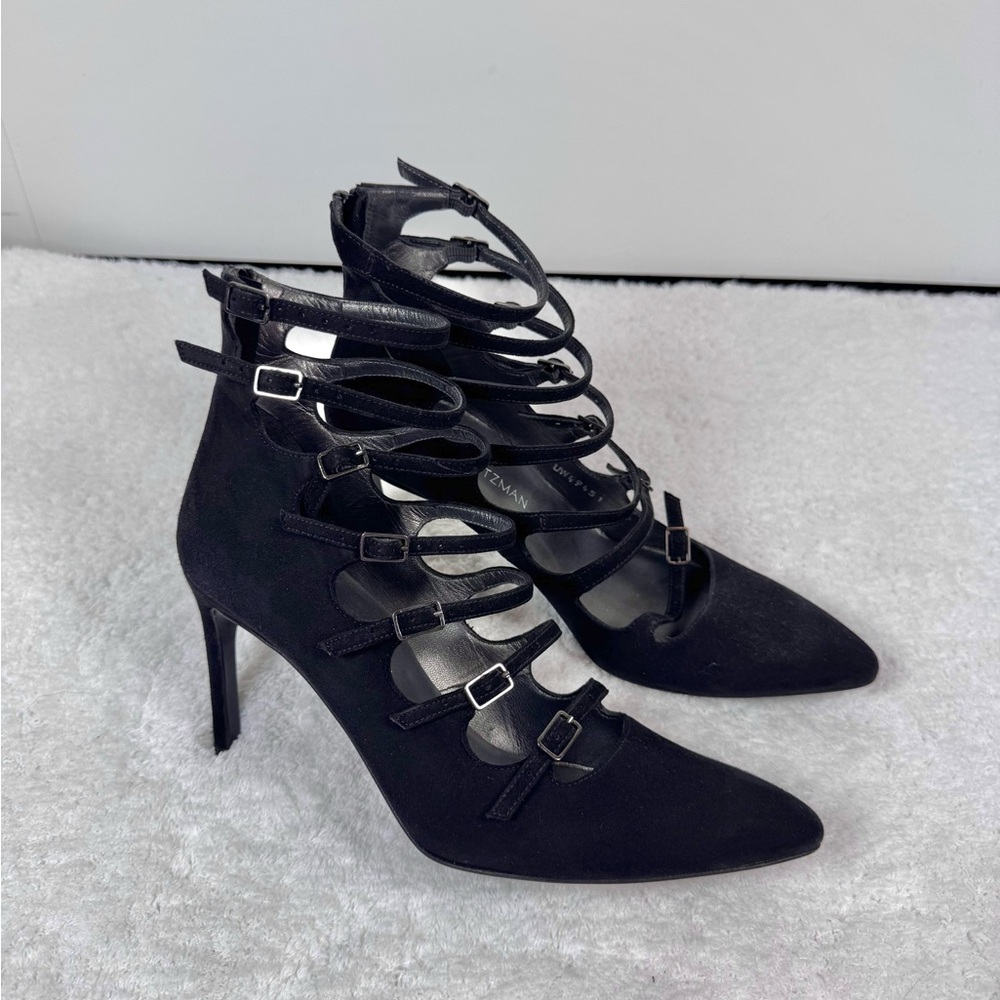 Stuart Weitzman Black Suede Hottamale Pump Strappy Heels Size 8.5